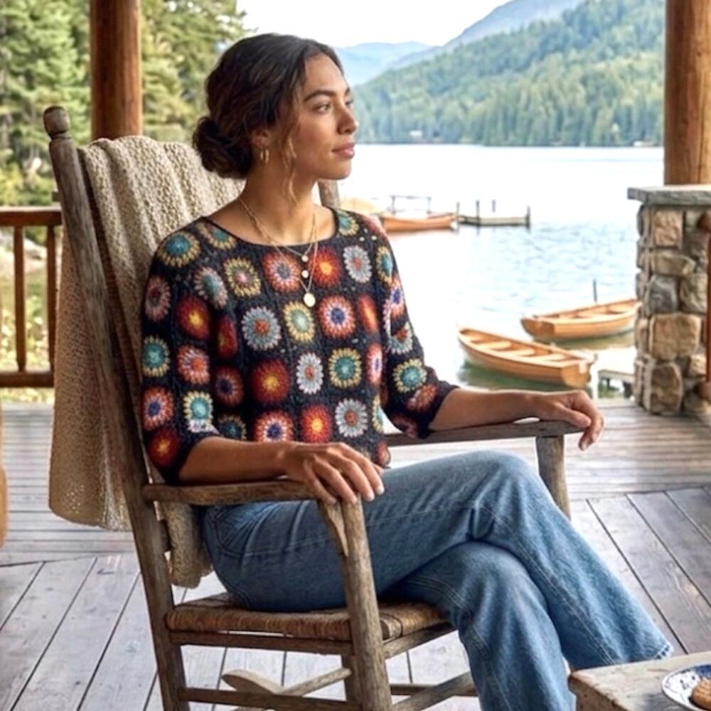 ANTHROPOLOGIE Granny Square Crochet Sweater Top SZ Large Boho Cottagecore Retro